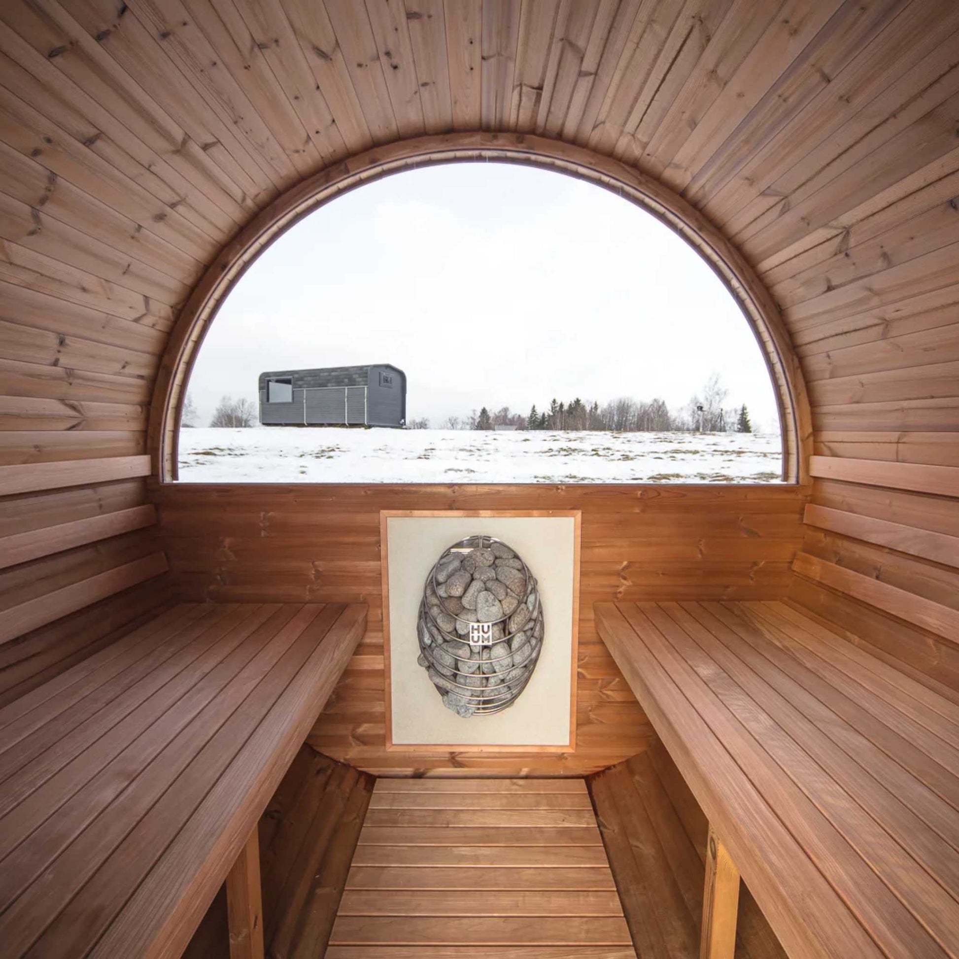 Thermo Wood Barrel Sauna - Regular with Relaxation Terrace (L: 223 & ø: 225 cm) Barrel Sauna | Finnmark Sauna