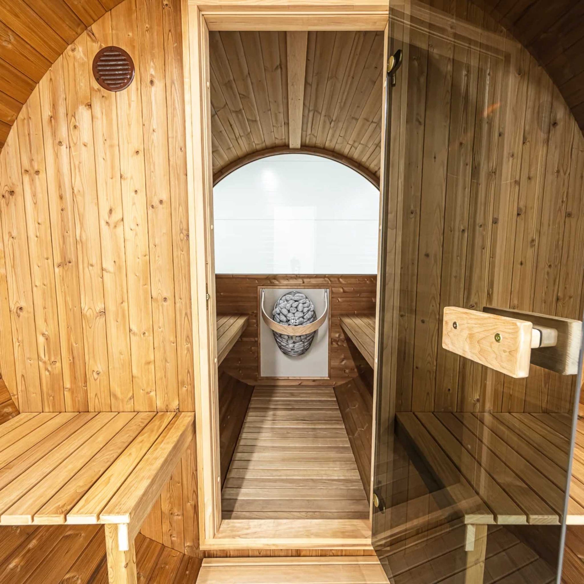 Thermo Wood Barrel Sauna - Regular with Relaxation Terrace (L: 223 & ø: 225 cm) Barrel Sauna | Finnmark Sauna