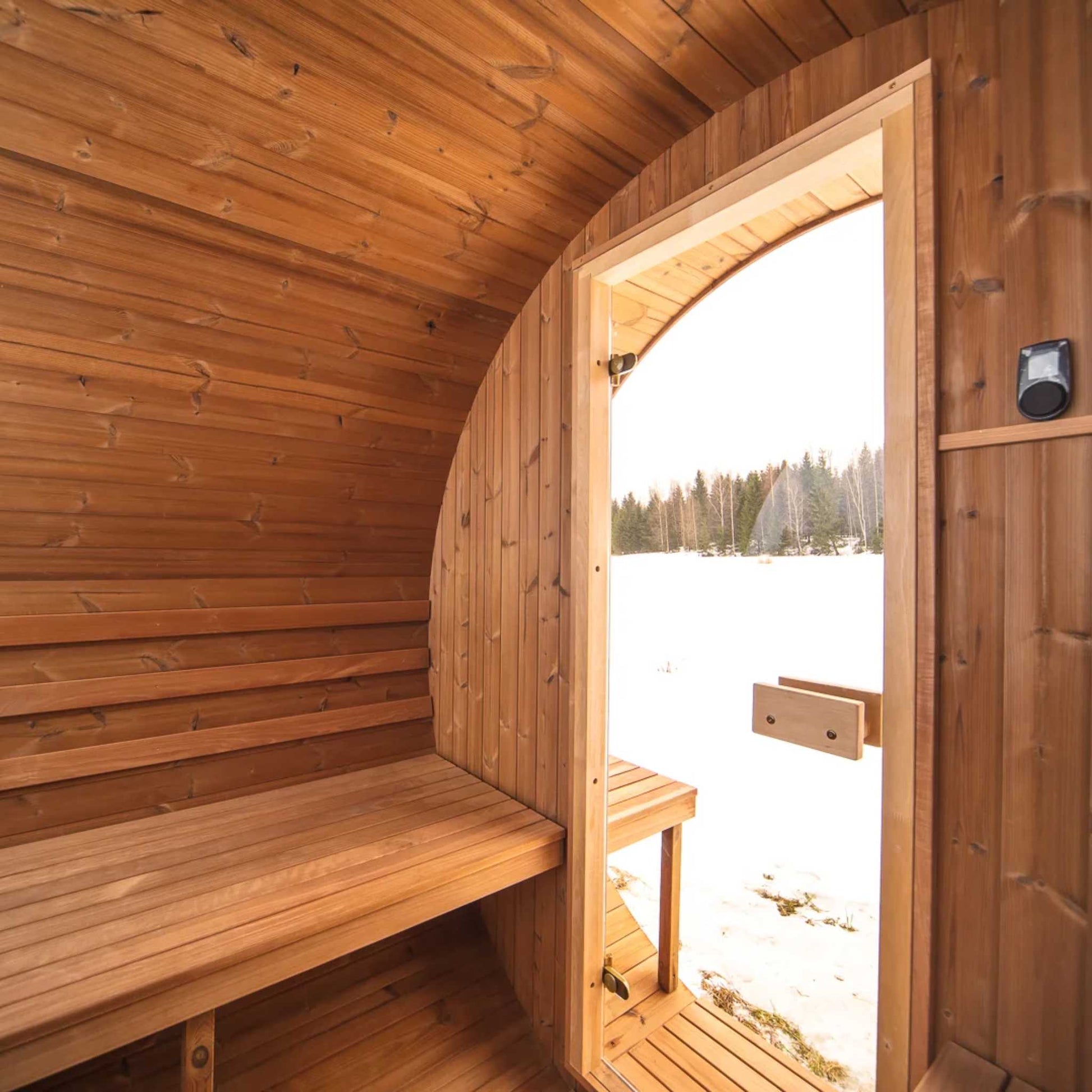 Thermo Wood Barrel Sauna - Small with Relaxation Terrace (L: 223 & ø: 194 cm) Barrel Sauna | Finnmark Sauna