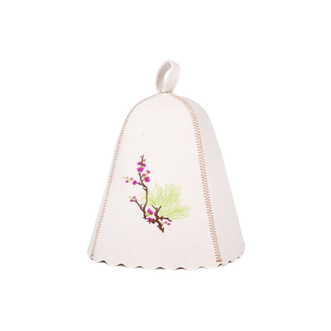White Felt Sauna Hat with Blossoming Sakura Embroidery Sauna Hat | Finnmark Sauna